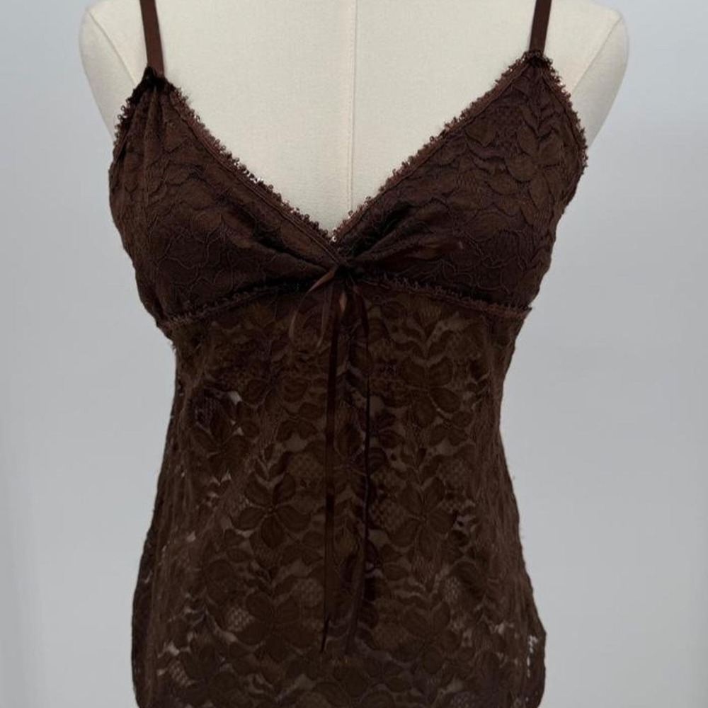 Womens Brown Lace Cami Top Floral Sheer Sequin Trim Tie Front Fairycore XL